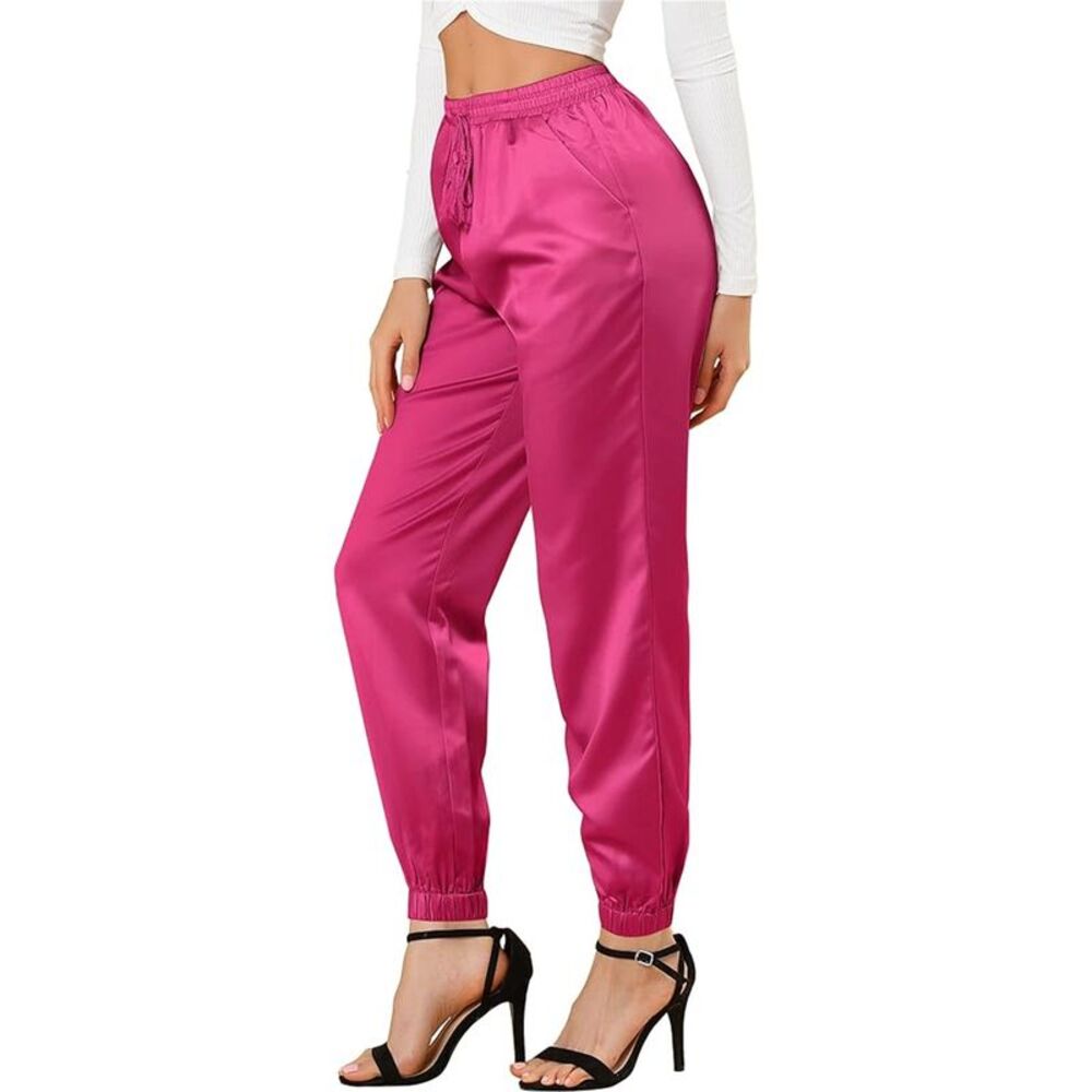 Allegra K Womens Dressy Satin Straight Leg Jogger Casual Pants, Pink, L, DM